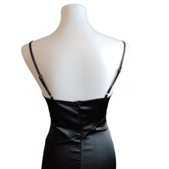 Vintage D&M Satin Slip Dress Black Draped Front High Cut Slit Midi Dress Sz XS - Picture 6 of 9